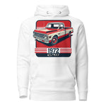 Red and White 1972 Chevy C10 hoodie for American Pickup Truck Owners Retro Automotive