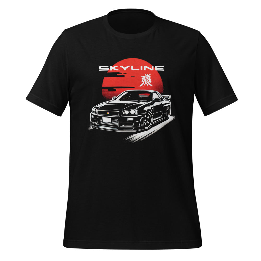 Japanese Sun Black R34 Skyline GTR t-shirt for 1990s JDM Tuner Car Culture Kanji GT-R Tee