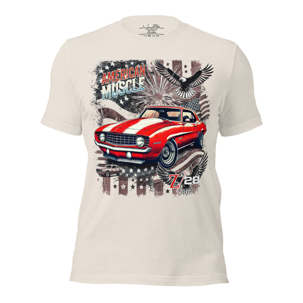 1969 Camaro Z28 Graphic T-Shirt Patriotic Bald Eagles Stars and Stripes Retro Automotive Tees