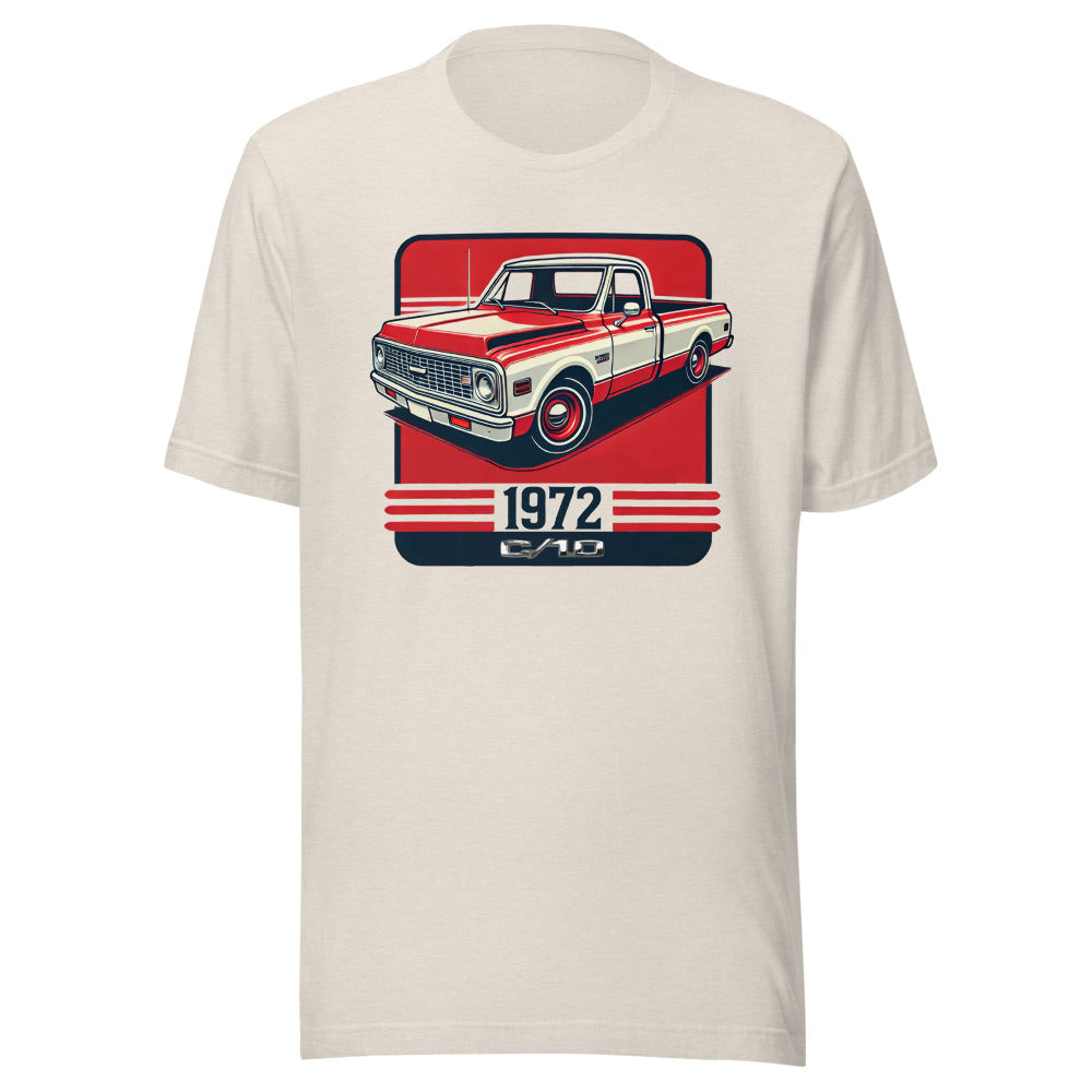 Red and White 1972 Chevy C10 t-shirt for American Pickup Truck Owners Retro Automotive Tees