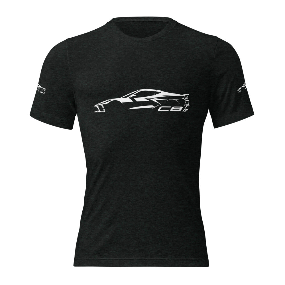 2024 Corvette C8 tri-blend tshirt for Vette Drivers Arctic White Minimalist Silhouette Custom Tee