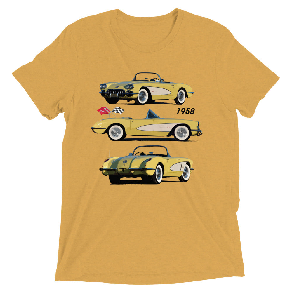 1958 Corvette C1 Panama Yellow and White Antique American Classic Car Art Short sleeve tri-blend t-shirt