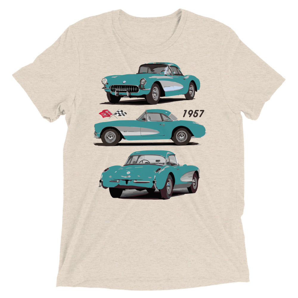 1957 Corvette C1 Cascade Green Antique American Classic Car Art tri-blend t-shirt