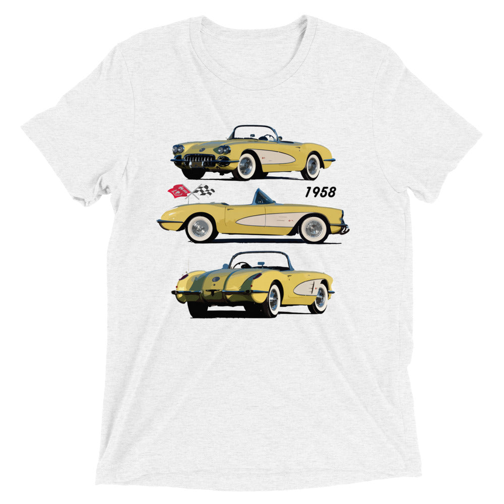 1958 Corvette C1 Panama Yellow and White Antique American Classic Car Art Short sleeve tri-blend t-shirt