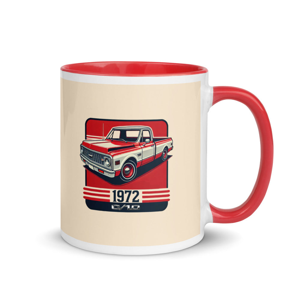 Red and White 1972 Chevy C10 American Pickup Truck Owners Retro Automotive Mug with Color Inside