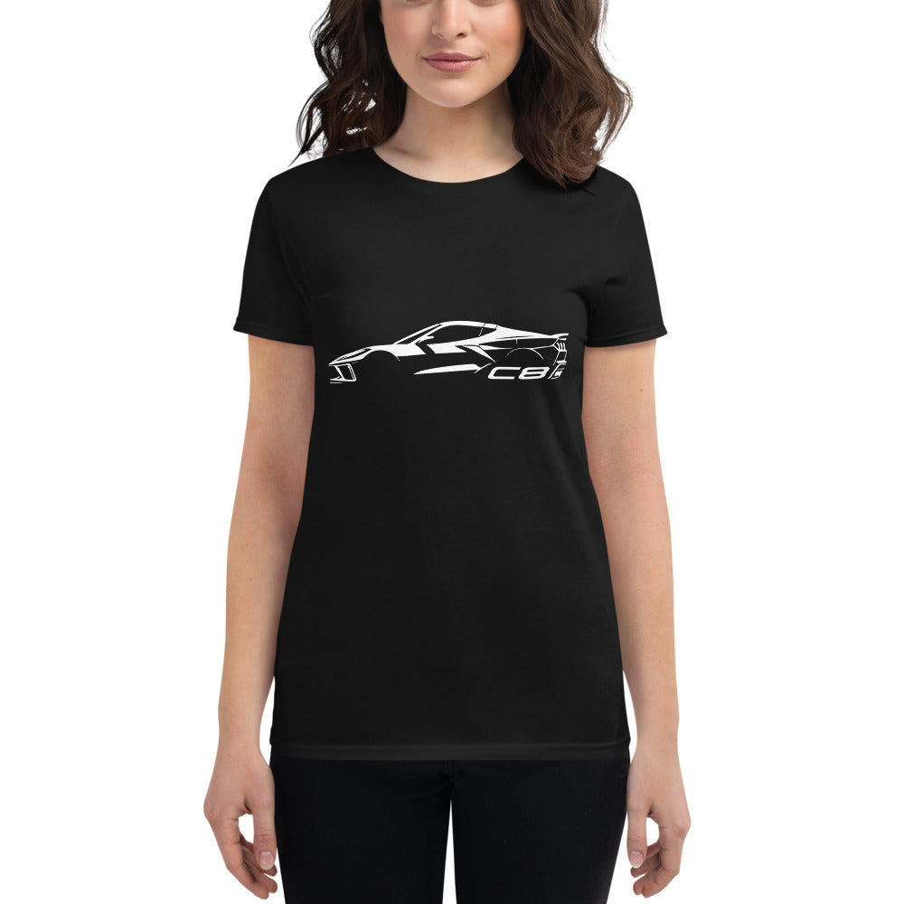 2024 Corvette C8 Vette Drivers Arctic White Minimalist Silhouette Custom Women's t-shirt