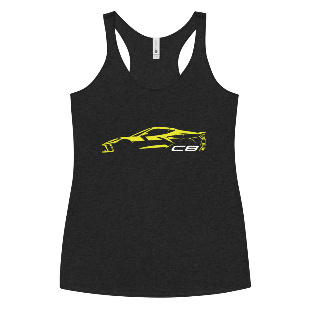 2024 Corvette C8 Vette Drivers Accelerate Yellow Minimalist Silhouette Women's Racerback Tank