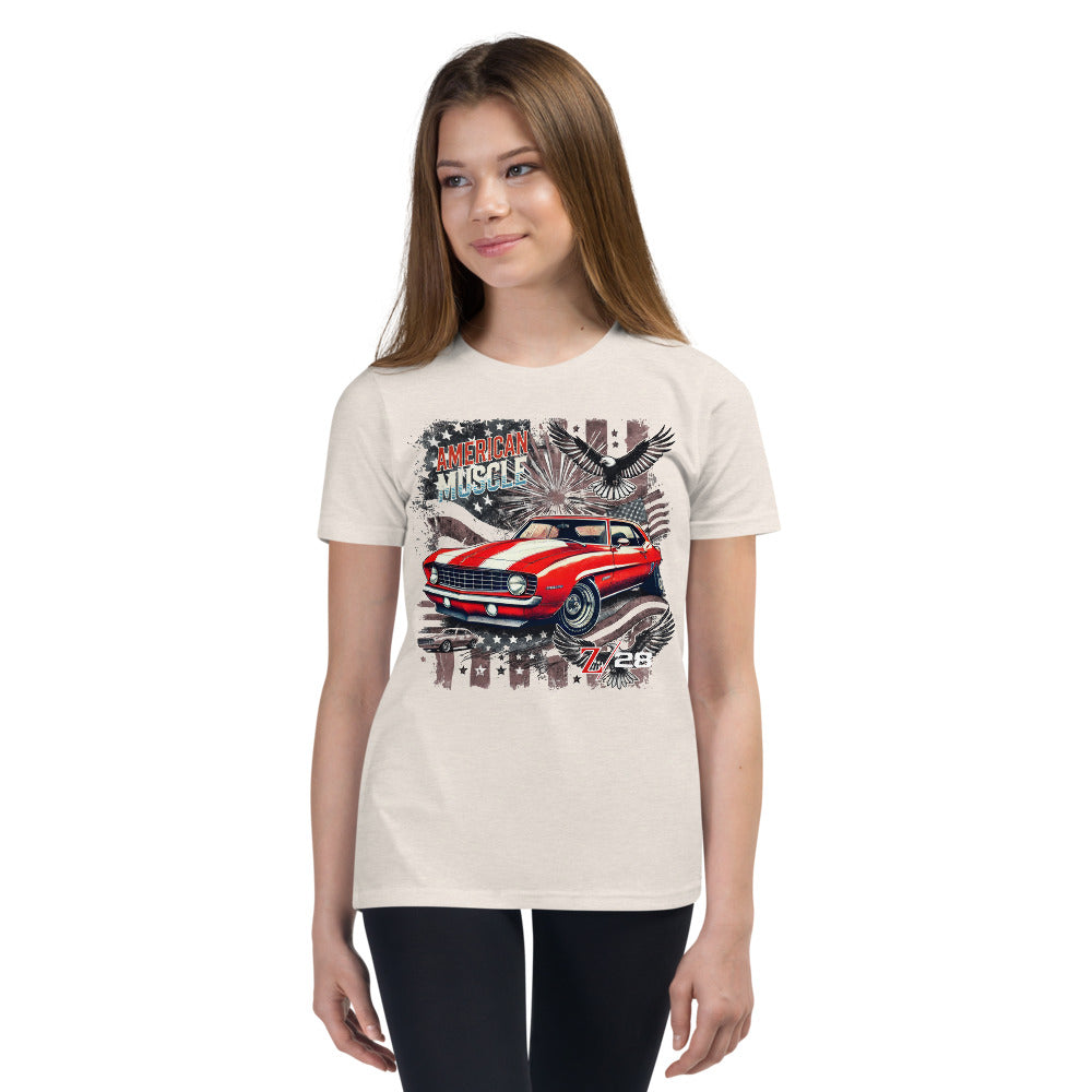 1969 Camaro Z28 Youth T-Shirt Patriotic Bald Eagles Stars and Stripes Retro Automotive Tees