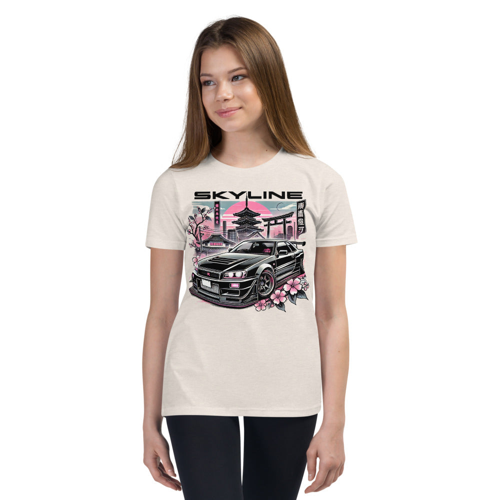 Black R34 GT-R Skyline t-shirt for 90s JDM Fans Japanese Tuner Car Culture Drip GTR Youth Tees