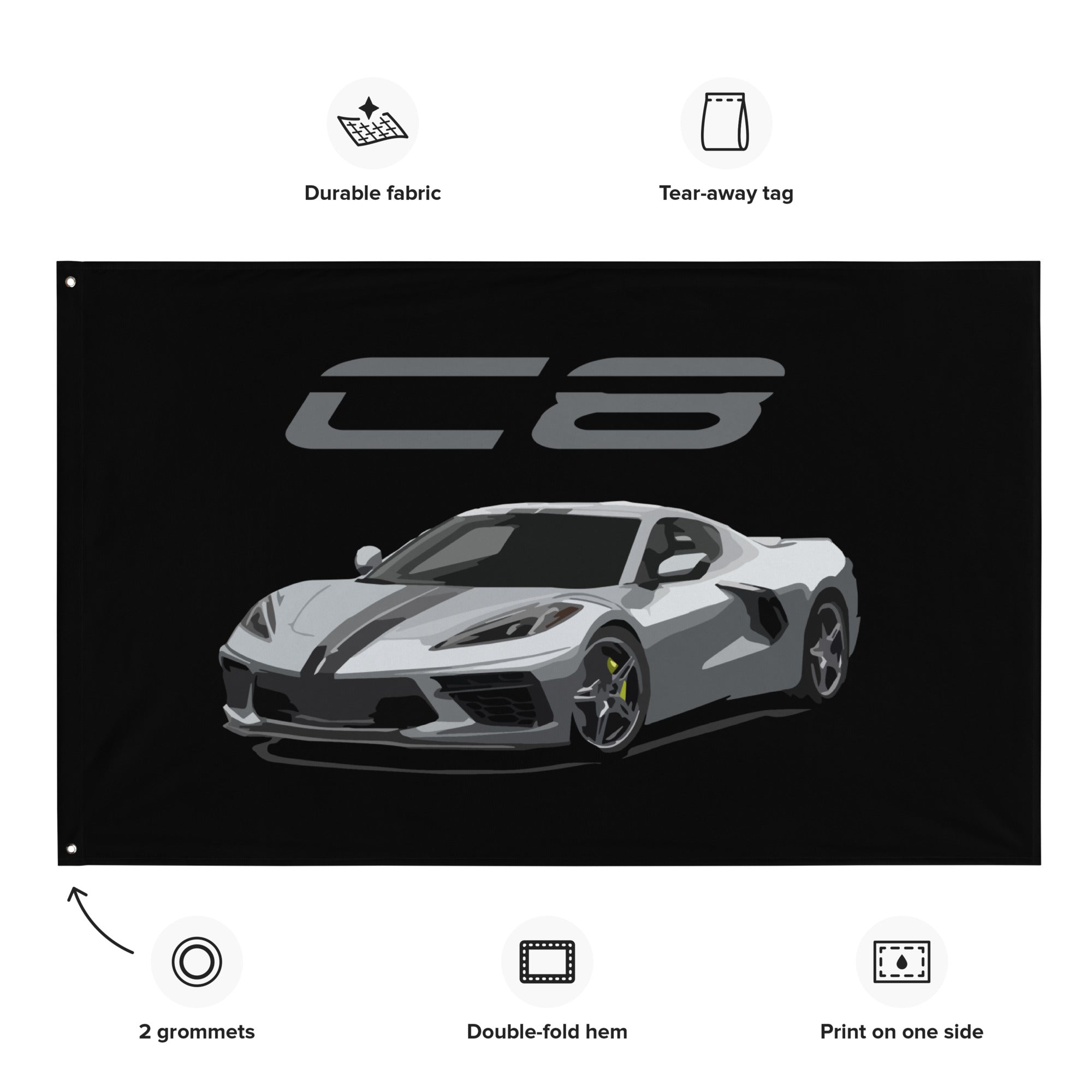 Blade Silver Metallic Corvette C8 Stingray 8th Gen Vette Driver Custom Art Tapestry Banner Flag 56" x 34.5"