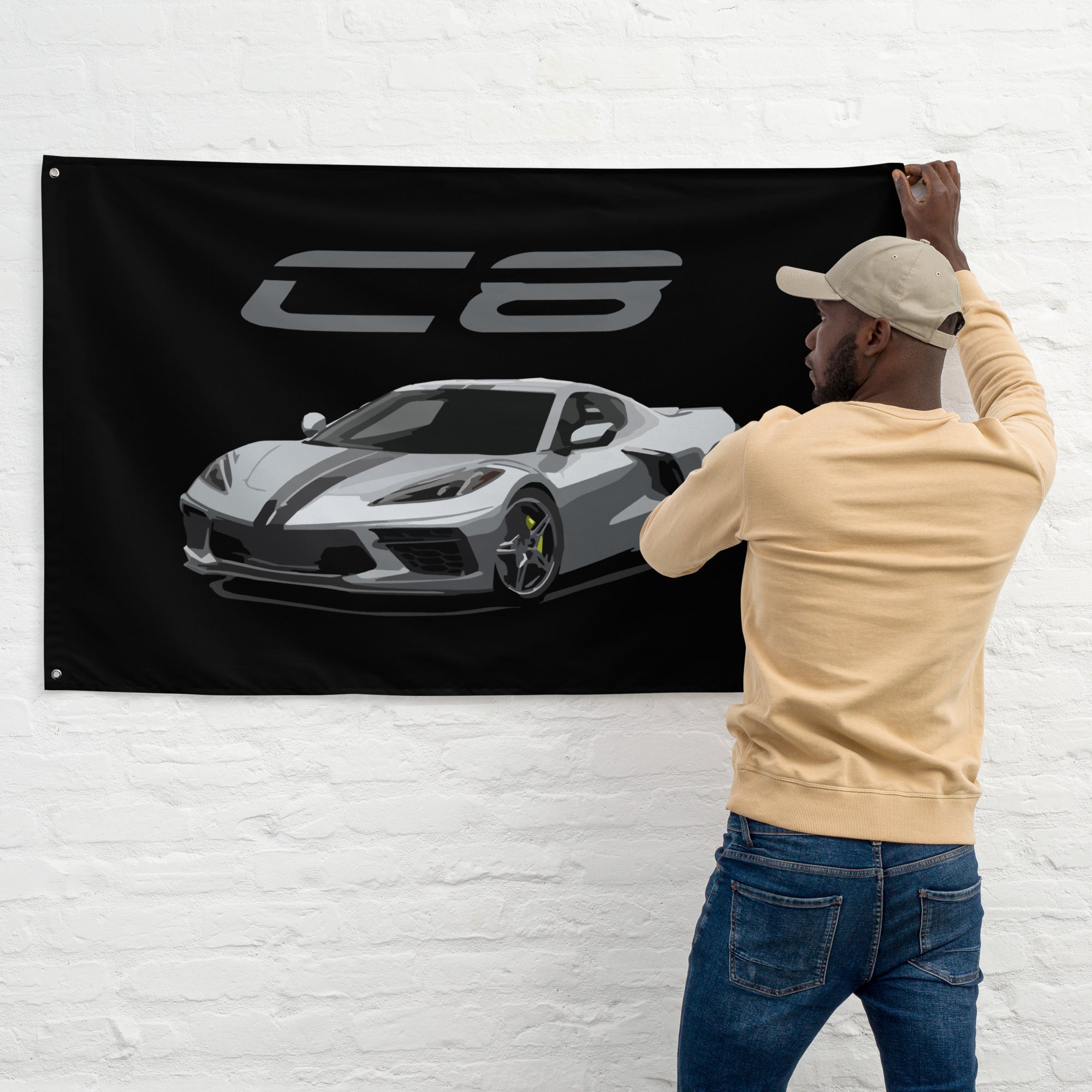 Blade Silver Metallic Corvette C8 Stingray 8th Gen Vette Driver Custom Art Tapestry Banner Flag 56" x 34.5"