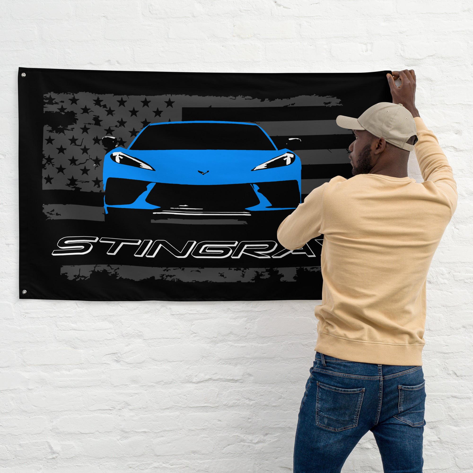 Rapid Blue Corvette C8 Stingray 8th Gen Vette Driver Custom Art Tapestry Banner Flag 56" x 34.5"