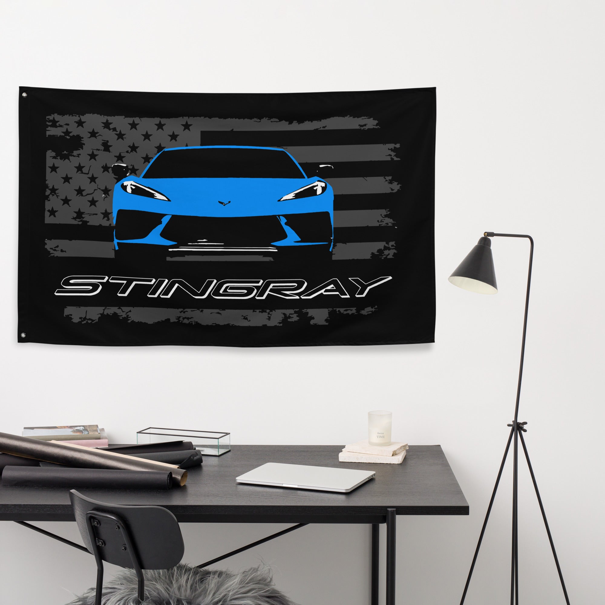 Rapid Blue Corvette C8 Stingray 8th Gen Vette Driver Custom Art Tapestry Banner Flag 56" x 34.5"