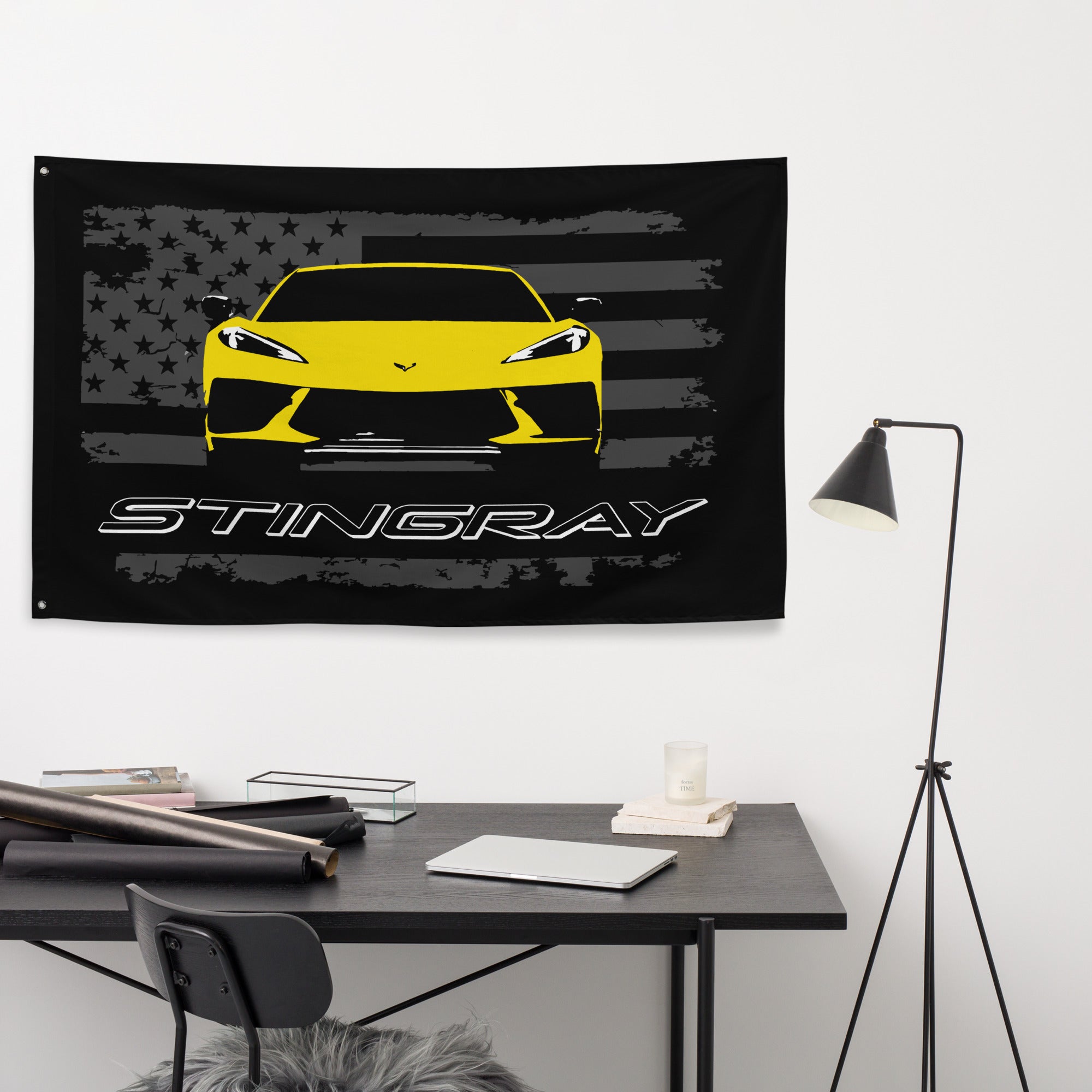 Yellow Corvette C8 Stingray 8th Gen Vette Driver Custom Art Tapestry Banner Flag 56" x 34.5"