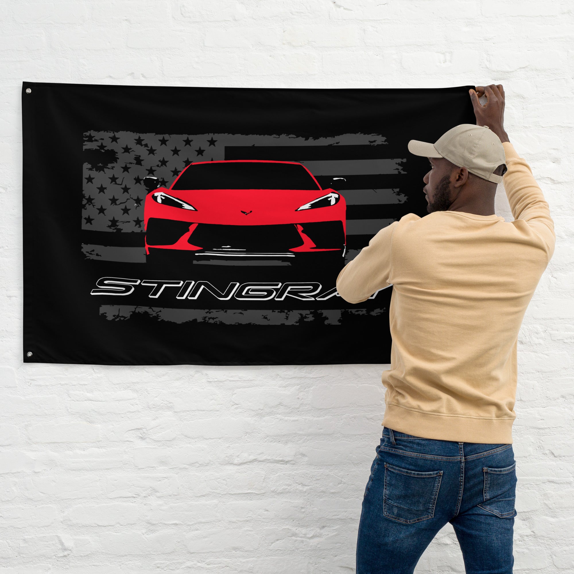 Red Corvette C8 Stingray 8th Gen Vette Driver Custom Art Tapestry Banner Flag 56" x 34.5"