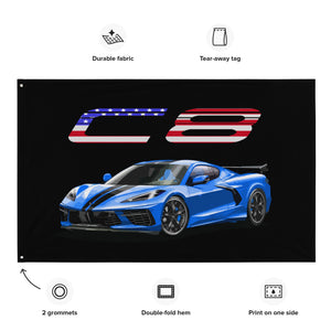 Blue Corvette C8 American Eighth Generation Mid Engine Sportcar Custom Art Vette Driver Tapestry Banner Flag 56" x 34.5"