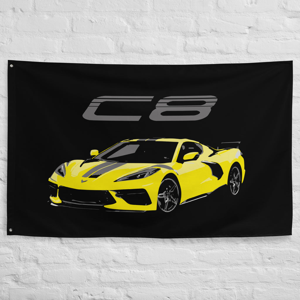 Accelerate Yellow Corvette C8 8th Generation Vette Driver Custom Art Gift Tapestry Banner Flag 56" x 34.5"