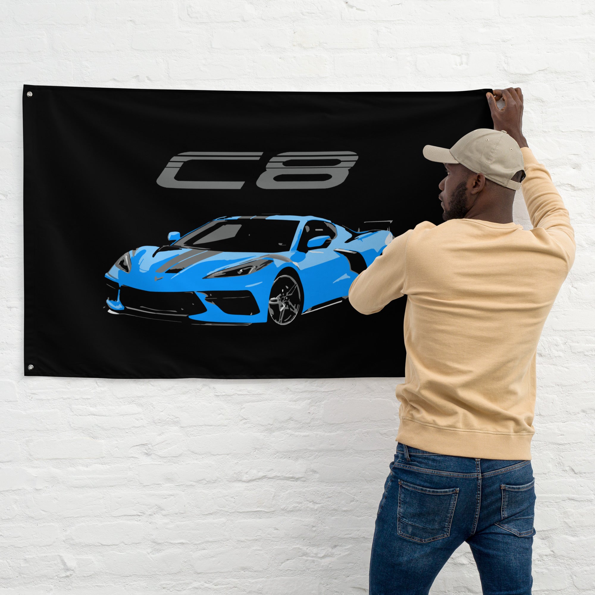 Rapid Blue C8 Corvette Custom Art Vette Driver Gift Garage Office Man Cave Banner Flag 34.5" x 56"