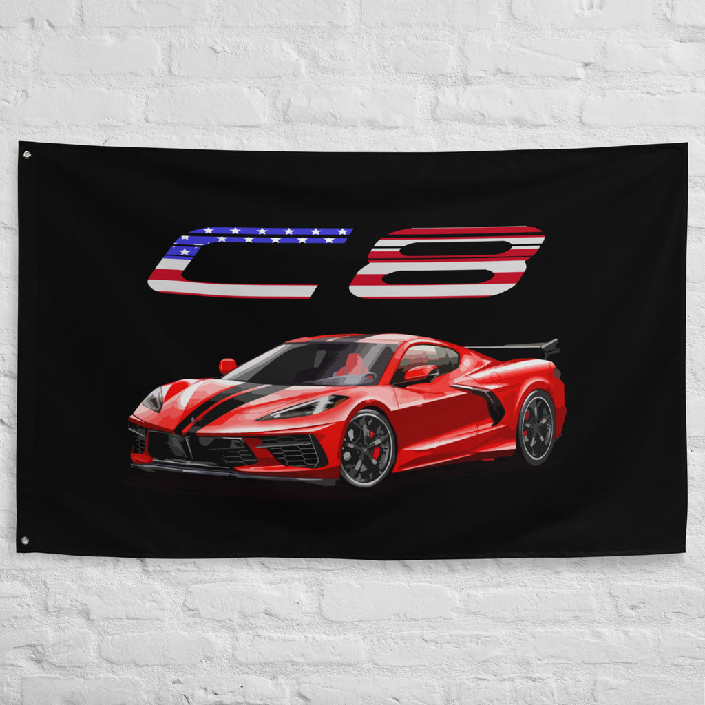 Red Corvette C8 American Eighth Generation Mid Engine Sportcar Custom Art Vette Driver Garage Office Man Cave Banner Flag 34.5" x 56"