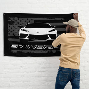 White Corvette C8 Stingray 8th Gen Vette Driver Custom Art Garage Office Man Cave Banner Flag 34.5" x 56"