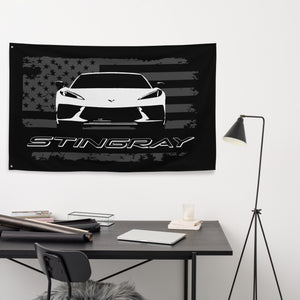 White Corvette C8 Stingray 8th Gen Vette Driver Custom Art Garage Office Man Cave Banner Flag 34.5" x 56"