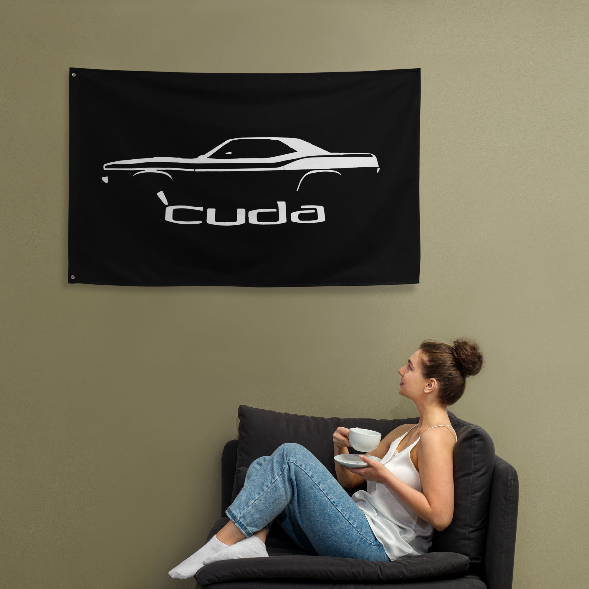 1972 Plymouth Cuda Barracuda Muscle Car Silhouette Classic Car Owner Gift Garage Office Man Cave Banner Flag 34.5" x 56"