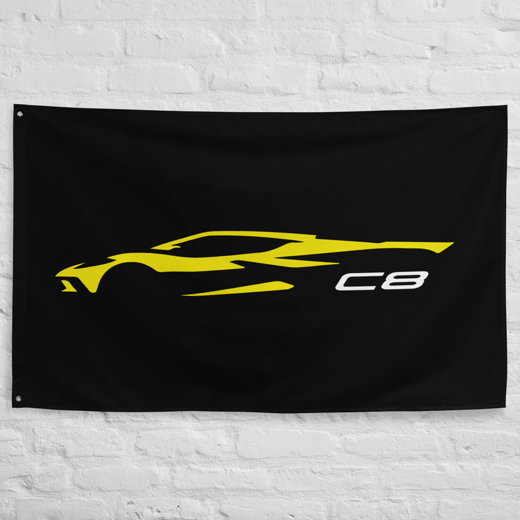 2023 Chevrolet Corvette C8 Outline Silhouette Accelerate Yellow 8th Gen Vette Driver Gift Garage Office Man Cave Banner Flag 34.5" x 56"