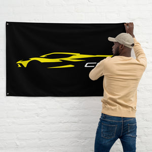 2023 Chevrolet Corvette C8 Outline Silhouette Accelerate Yellow 8th Gen Vette Driver Gift Garage Office Man Cave Banner Flag 34.5" x 56"