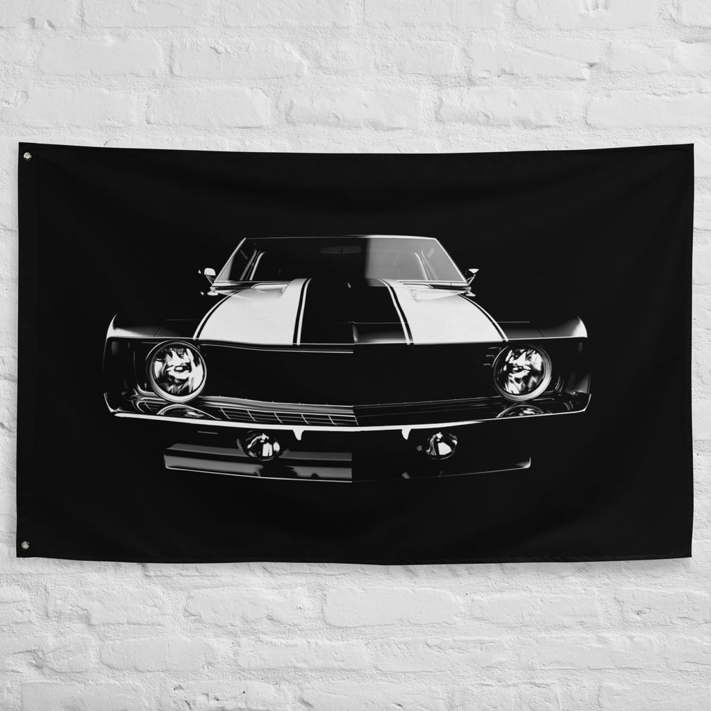 First Gen Chevrolet Camaro Black Muscle Car Owner Gift Wall Art Garage Office Man Cave Banner Flag 34.5" x 56"