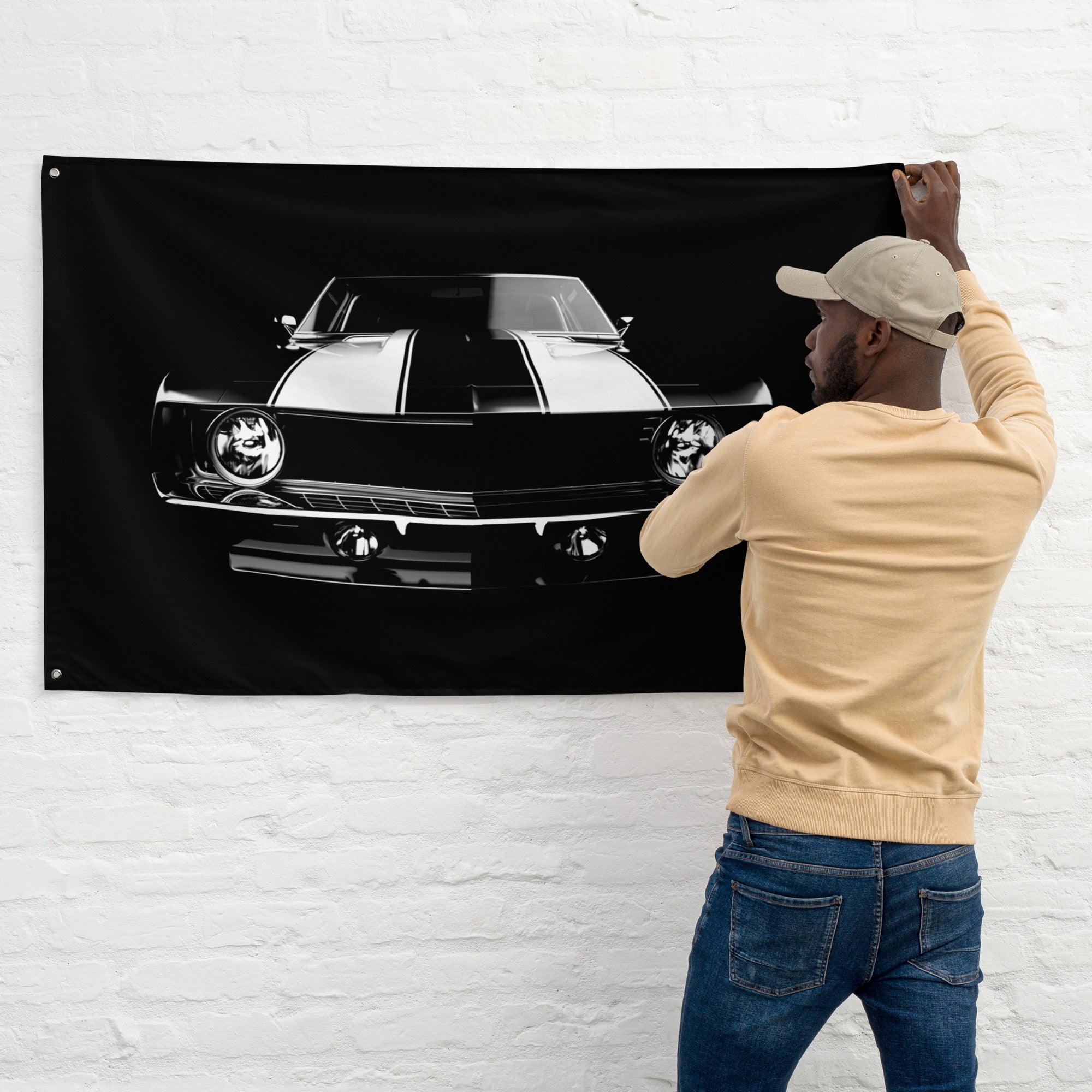 First Gen Chevrolet Camaro Black Muscle Car Owner Gift Wall Art Garage Office Man Cave Banner Flag 34.5" x 56"