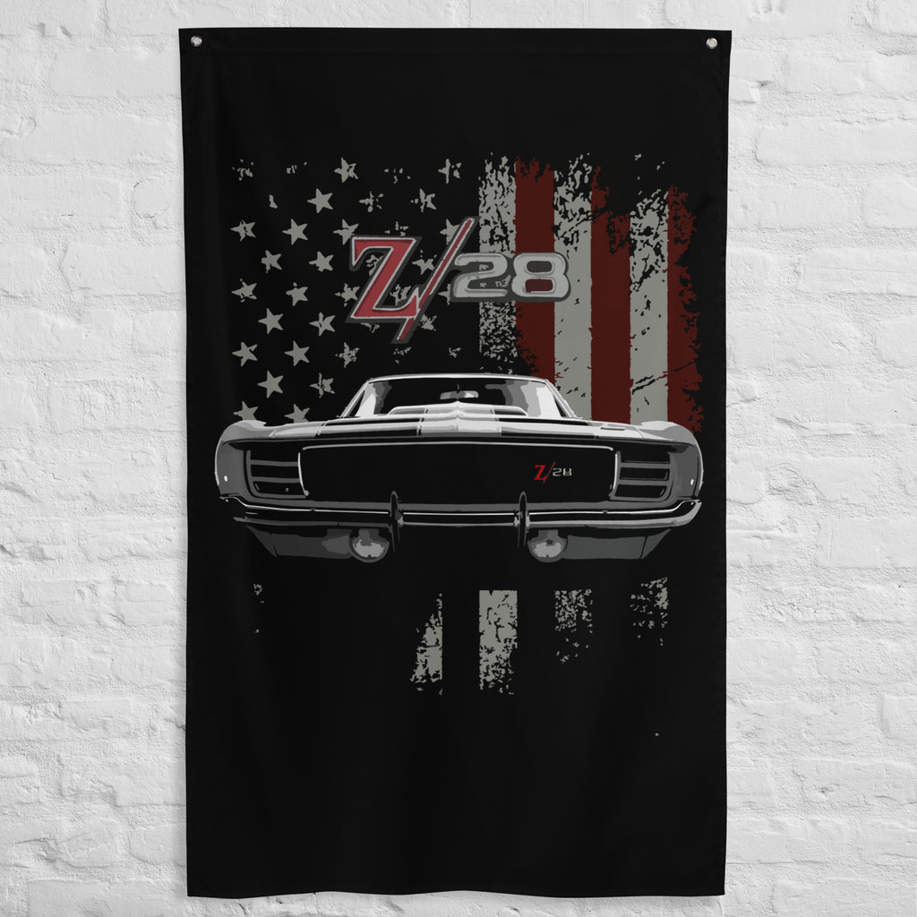 Vintage Chevy Camaro Z28 American Muscle Car Patriotic Wall Art Garage Office Man Cave Banner Flag 34.5" x 56"