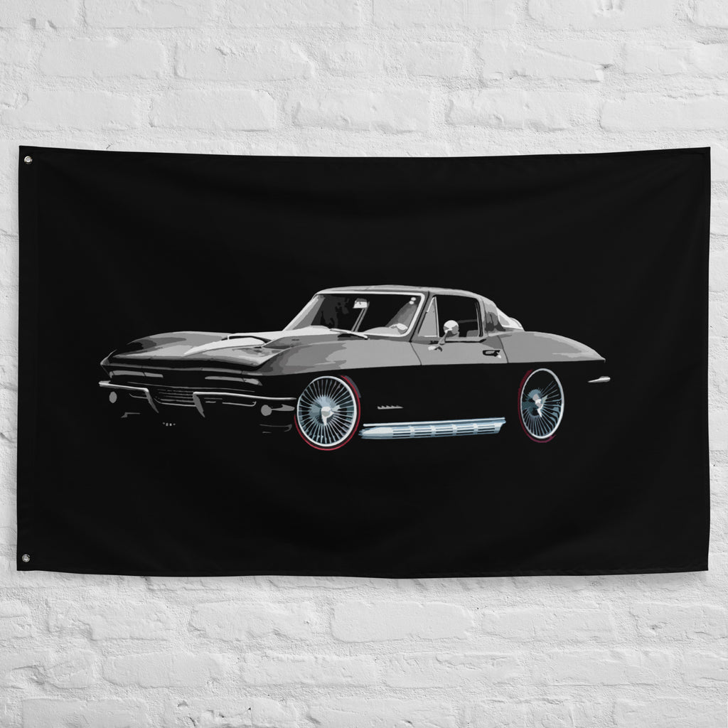 1967 Black Chevrolet Corvette C2 American Collector Car Wall Art Vette Owner Gift Garage Office Man Cave Banner Flag 34.5" x 56"