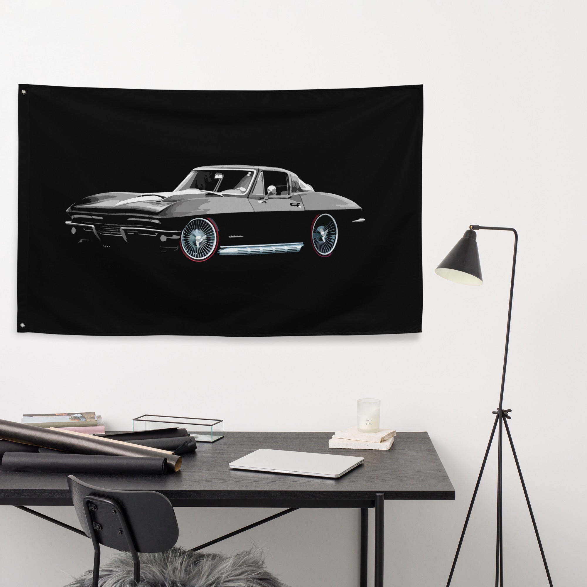 1967 Black Chevrolet Corvette C2 American Collector Car Wall Art Vette Owner Gift Garage Office Man Cave Banner Flag 34.5" x 56"