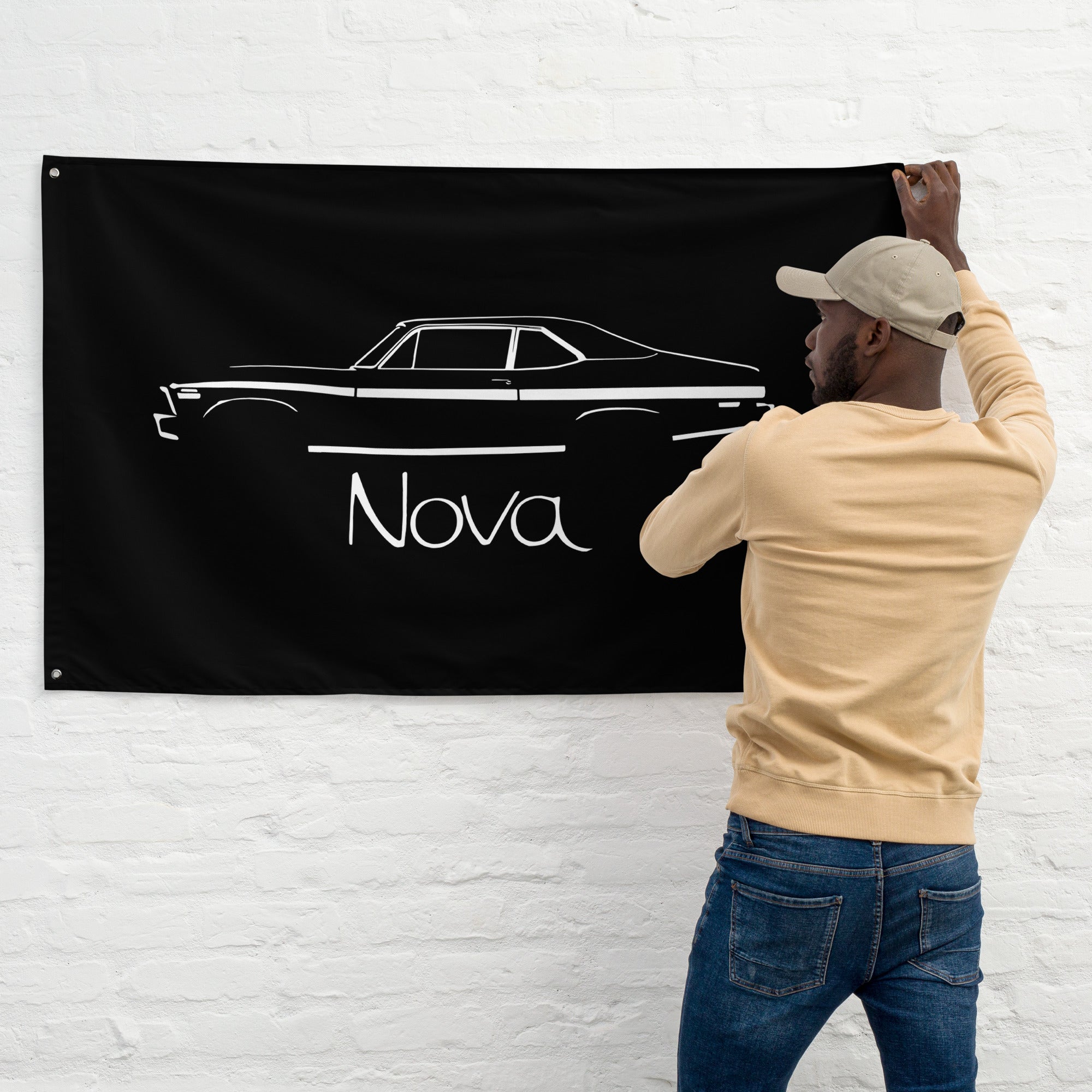 1972 Chevy Nova Black Silhouette American Muscle Car Owner Gift Garage Office Man Cave Banner Flag 34.5" x 56"