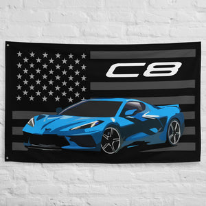 Rapid Blue Corvette C8 Mid-Engine Vette Street Race Car Club Custom Garage Office Man Cave Banner Flag 34.5" x 56"