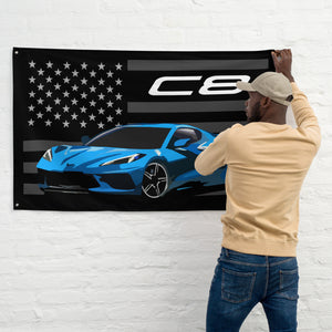 Rapid Blue Corvette C8 Mid-Engine Vette Street Race Car Club Custom Garage Office Man Cave Banner Flag 34.5" x 56"