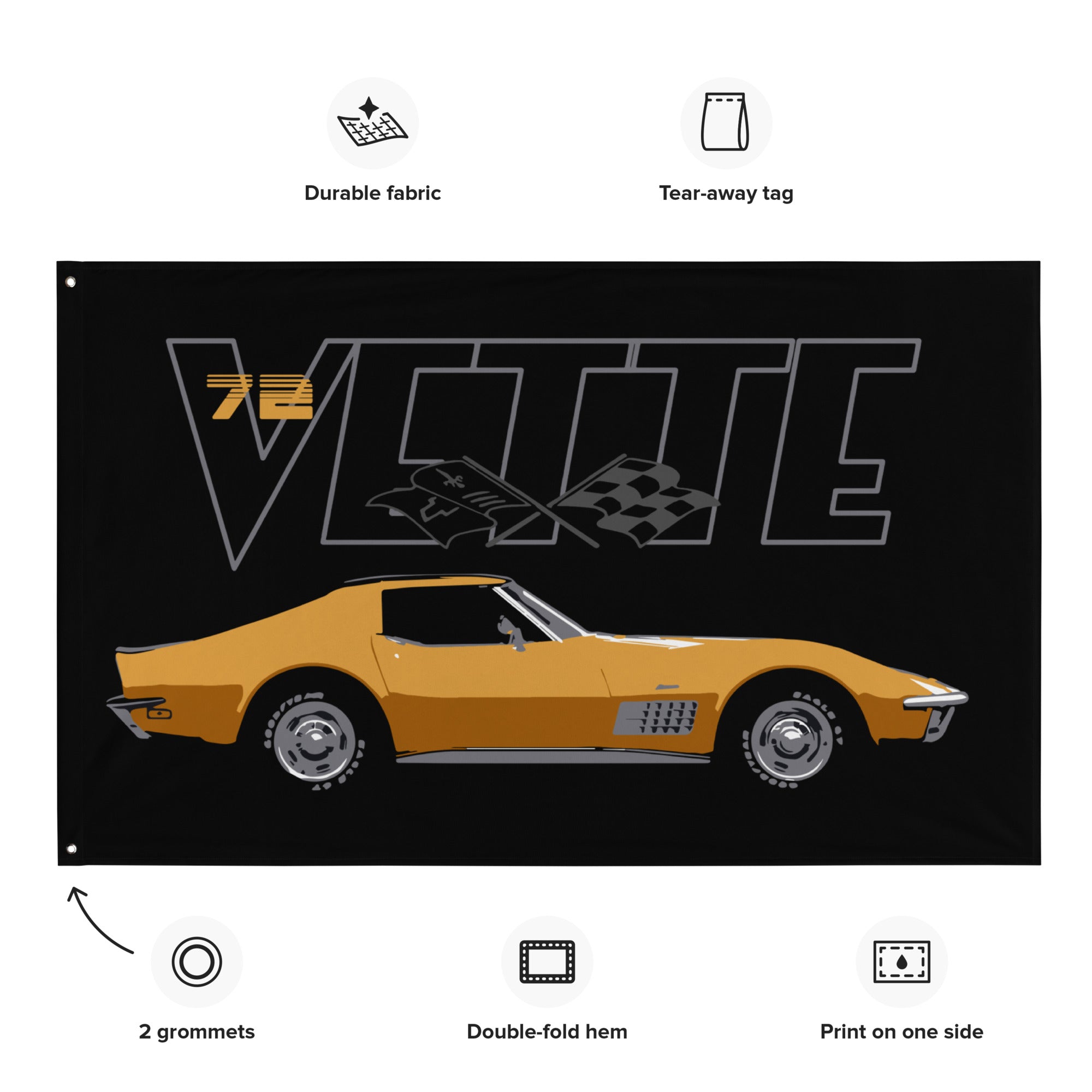 1972 Yellow Corvette Coupe C3 72 Vette American Classic Car Garage Office Man Cave Banner Flag 34.5" x 56"