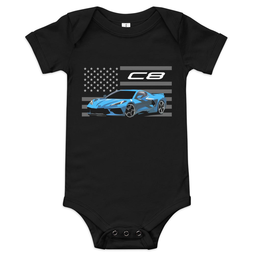 Rapid Blue Corvette C8 Mid-Engine Vette Street Race Car Club Custom Baby short sleeve one piece