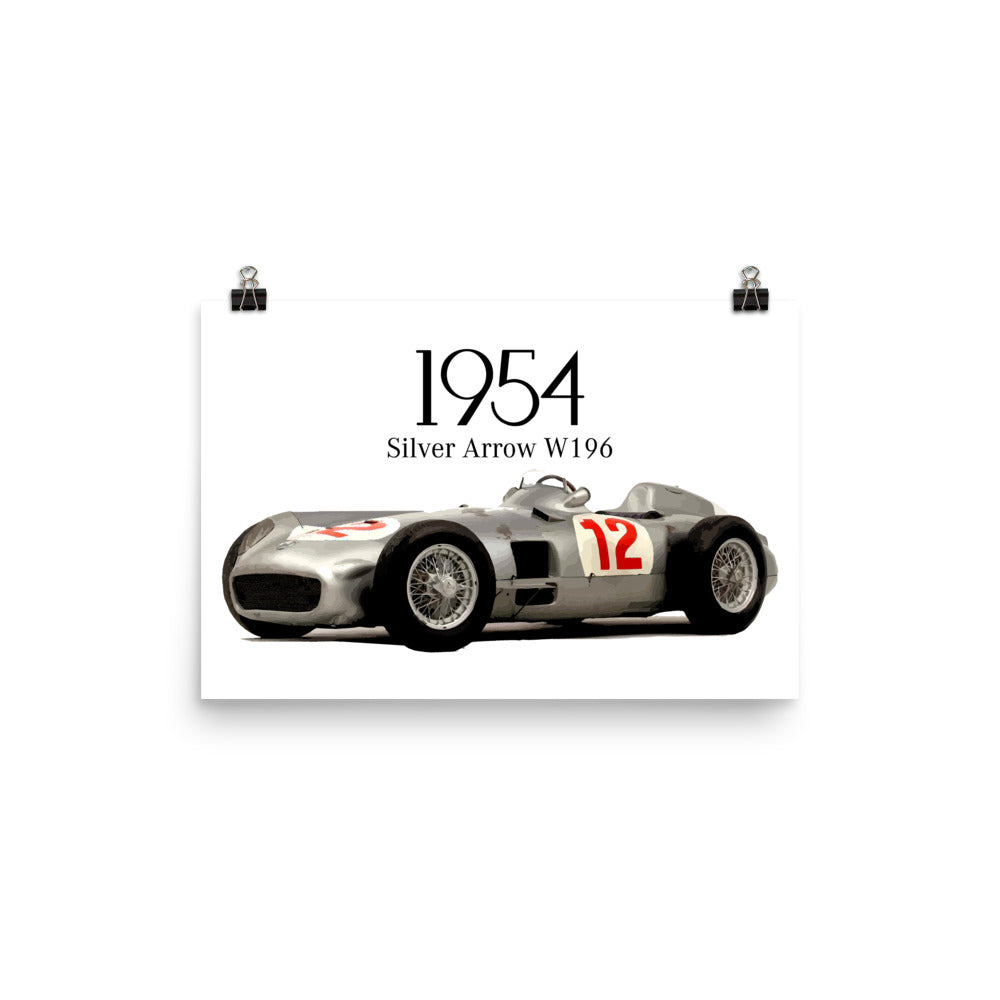 1954 Juan Fangio Mercedes Silver Arrow W196 F1 Car Poster