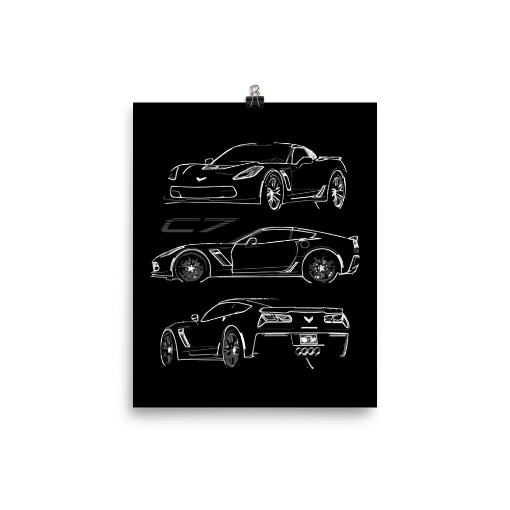 2015 Corvette C7 Z06 Coupe Custom Outline Art Poster 8 x 10