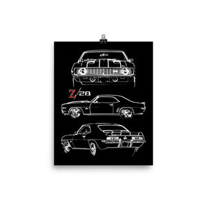 1969 Camaro Z28 302 Muscle Car Collector Outline Art Gift 8 x 10 Poster