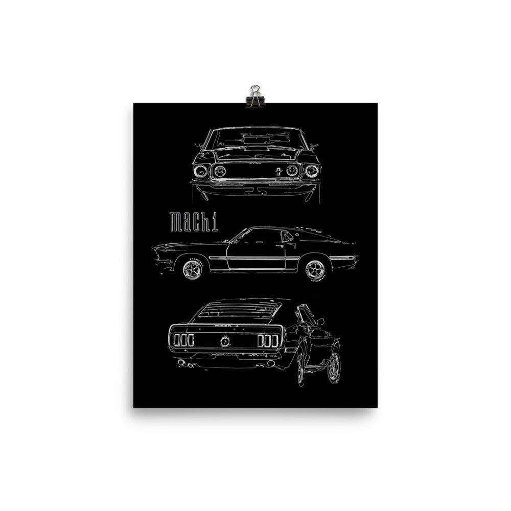 1969 Mustang Mach 1 Fastback Collector Car Outline Art 8 x 10 Poster