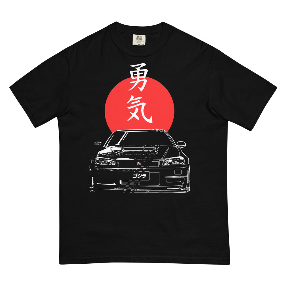 R34 GT-R Japanese Red Sun JDM Kanji Car Club Custom GTR Men’s garment-dyed heavyweight t-shirt
