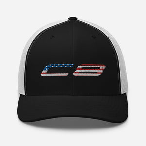 Corvette C8 Patriotic American Flag Text Trucker Cap