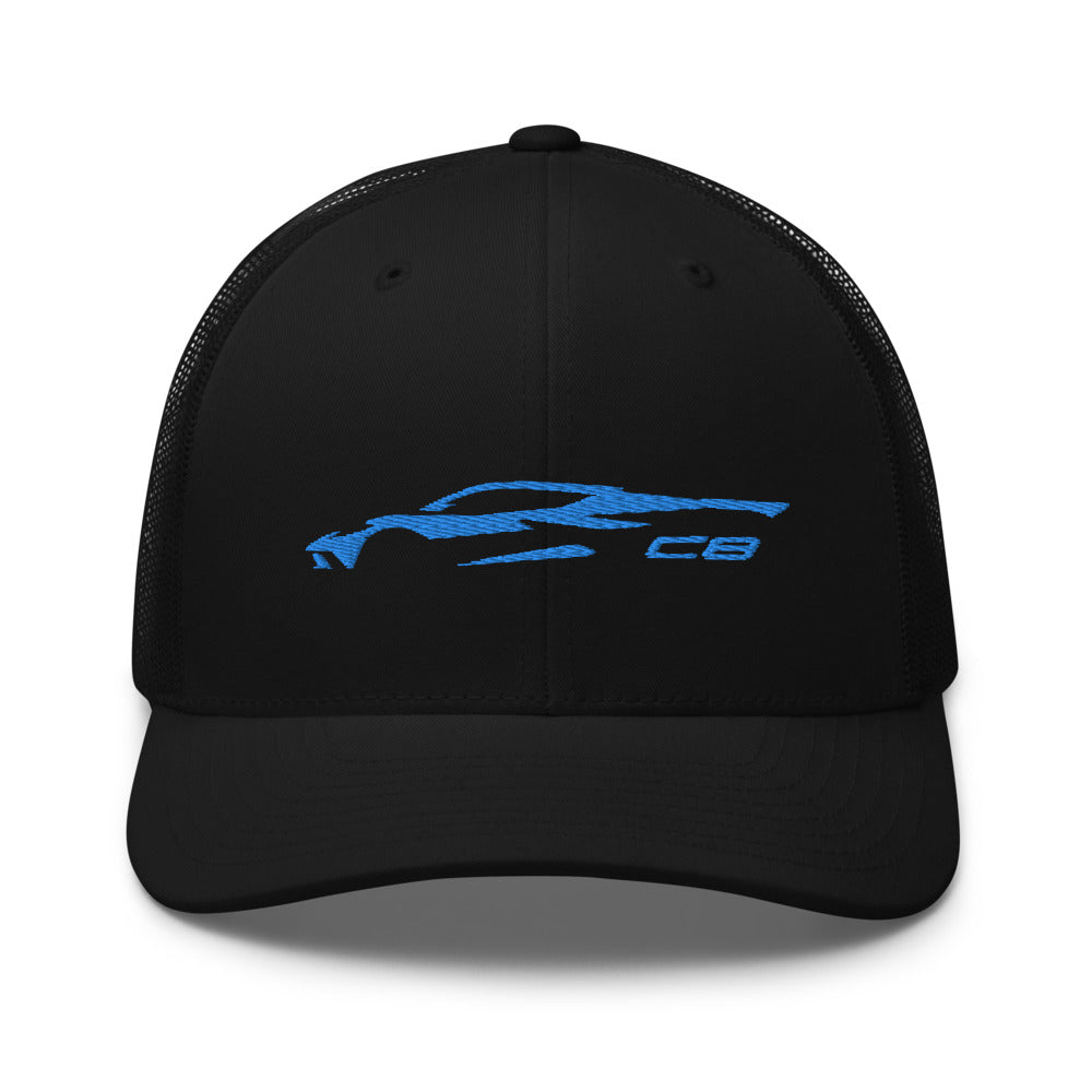 2023 Corvette C8 Outline Silhouette Rapid Blue 8th Gen Mid Engine Vette Gift Trucker Cap Adjustable Snap Hat