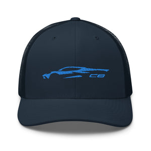 2023 Corvette C8 Outline Silhouette Rapid Blue 8th Gen Mid Engine Vette Gift Trucker Cap Adjustable Snap Hat