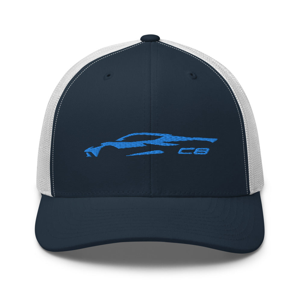 2023 Corvette C8 Outline Silhouette Rapid Blue 8th Gen Mid Engine Vette Gift Trucker Cap Adjustable Snap Hat