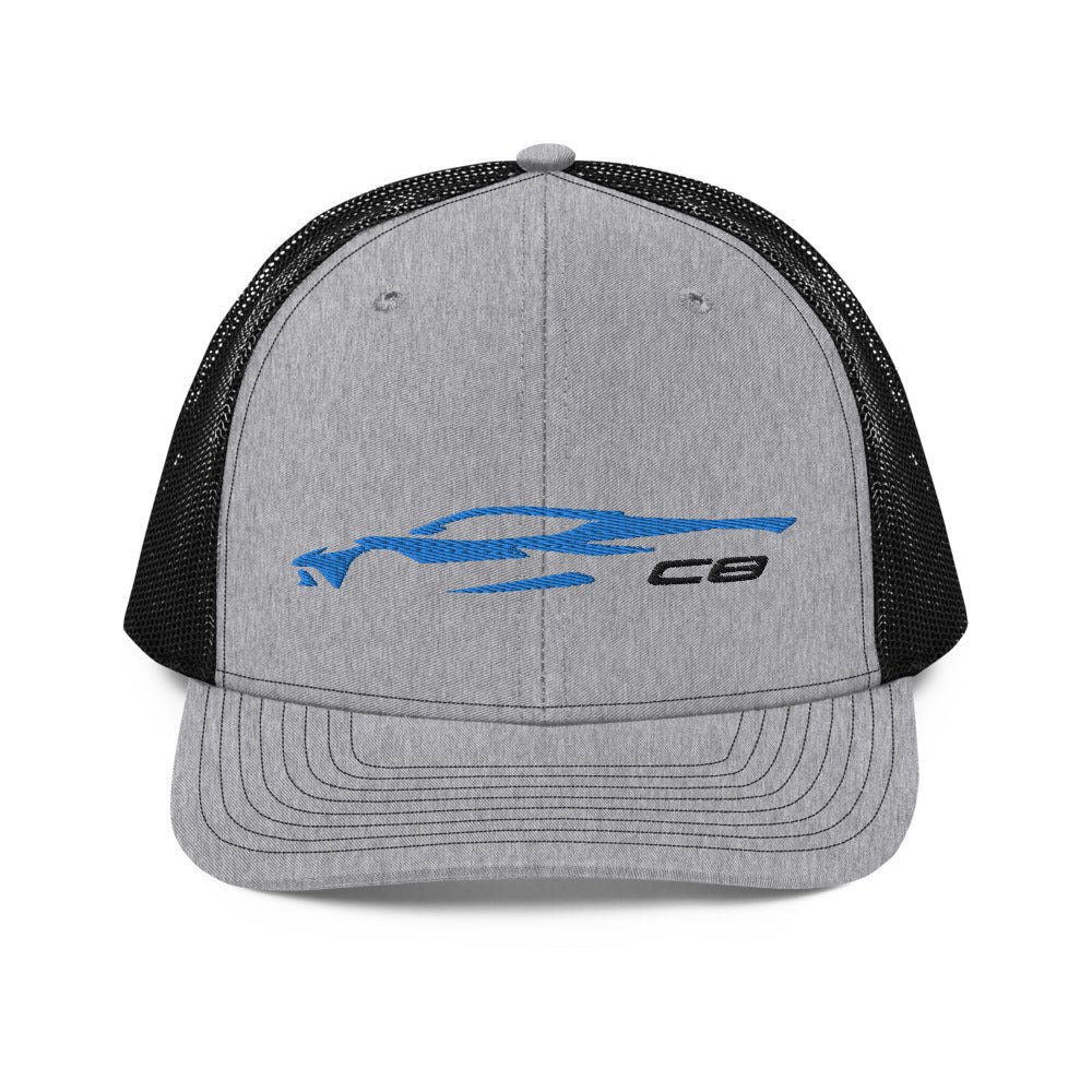 Corvette C8 Outline Silhouette Rapid Blue Vette Trucker Cap Embroidered Mesh Back Snapback Hat