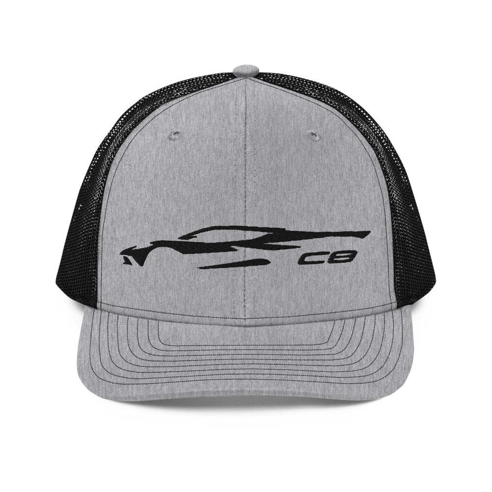 Corvette C8 Outline Silhouette Black Vette Owner Gift Trucker Cap Embroidered Mesh Back Snapback Hat