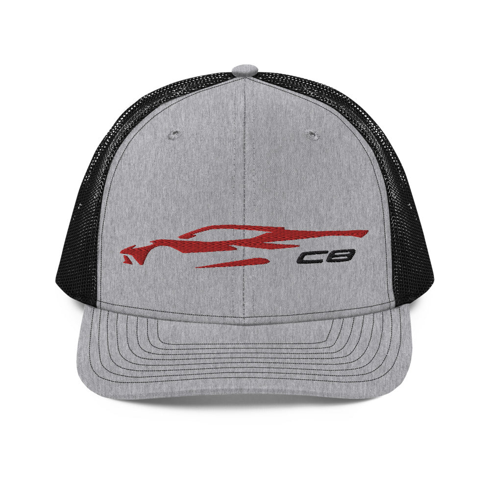 Corvette C8 Outline Silhouette Torch Red Vette Owner Gift Trucker Cap Embroidered Mesh Back Snapback Hat